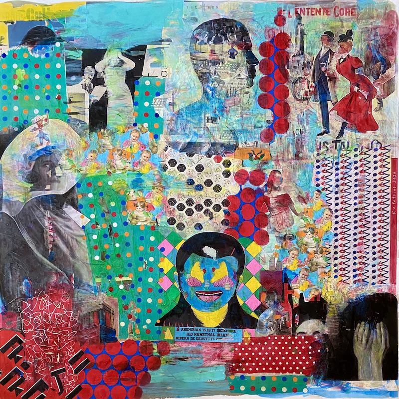 La Nuite des Longues Cuilleres 1, 120x120cm, painting and collage on canvas, 2025 